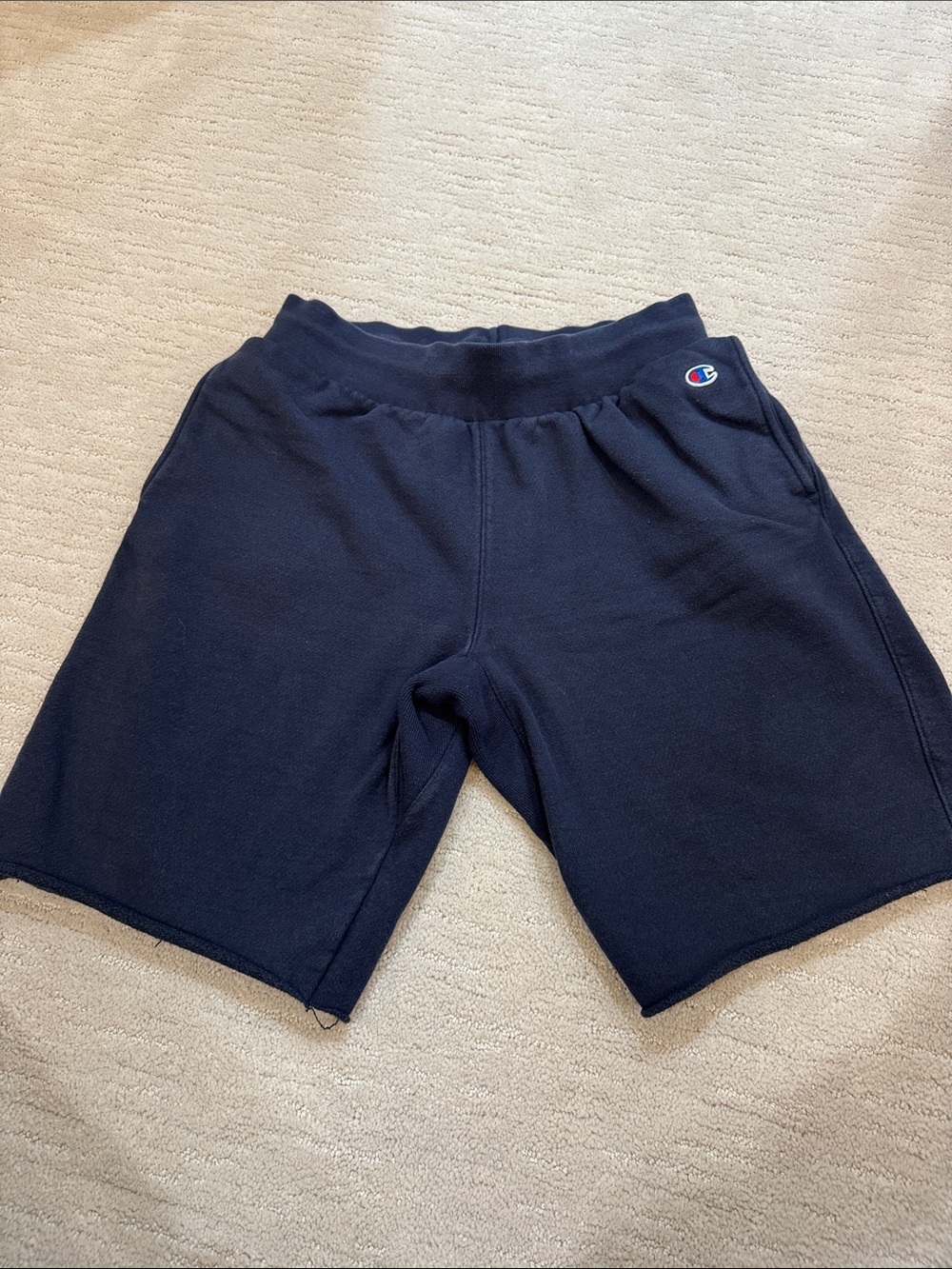 Champion Navy Blue Fleece Shorts w/Frayed 9” Hem